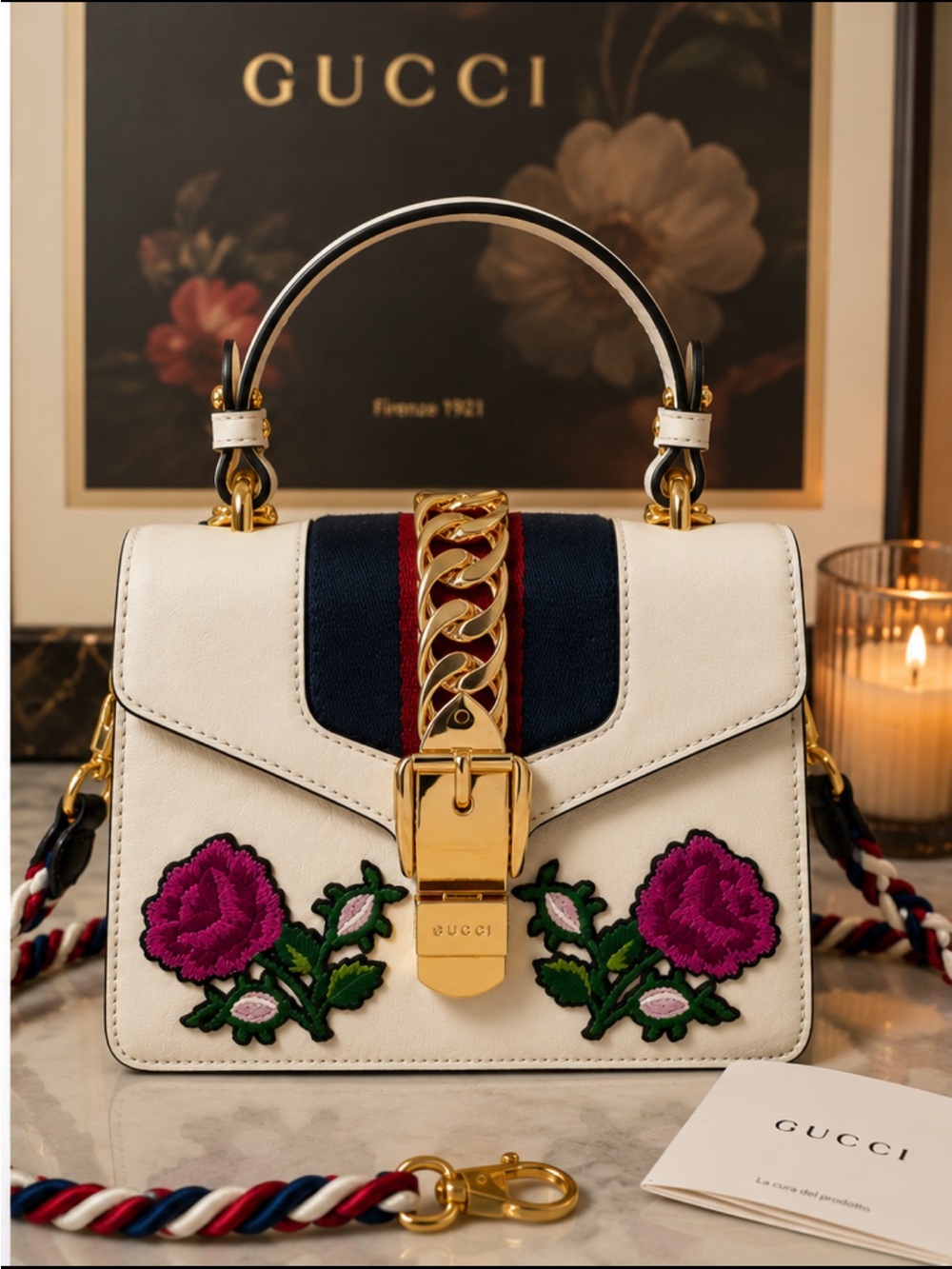 Rare Gucci Sylvie Floral Embroidered White Leather Top Handle Bag - Picture 3 of 9